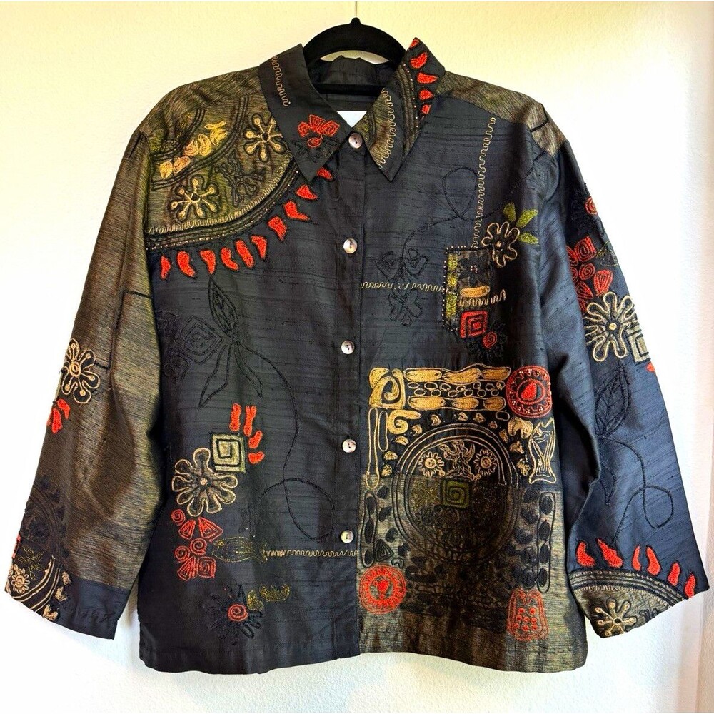 Chico's Women's XL Black Gray Orange Geometric Silk Button-Up Embroidered Blouse